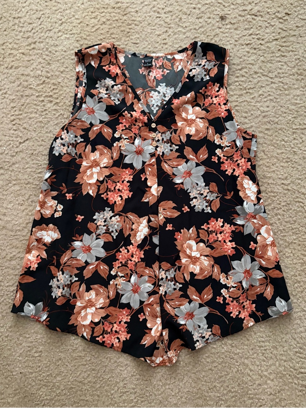 Floral V-Neck Sleeveless Blouse - Navy & Coral